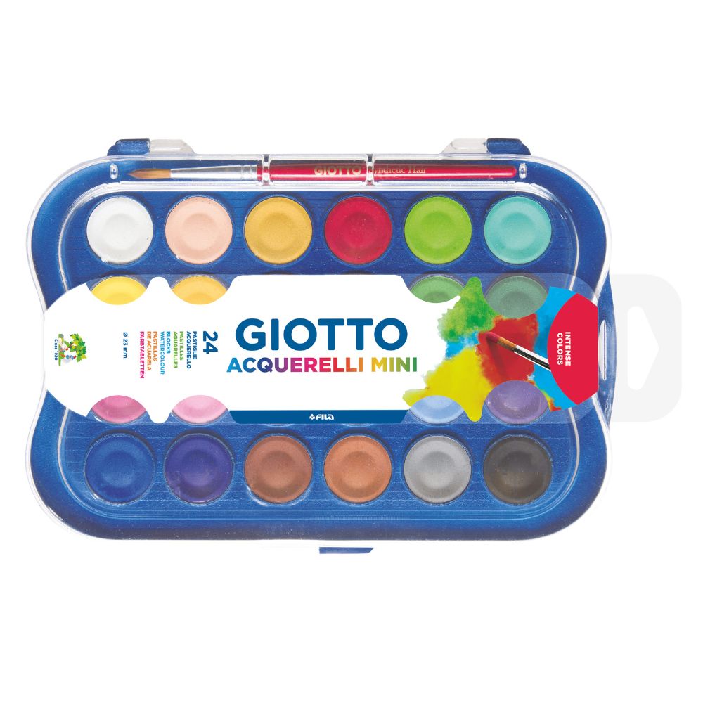 Giotto Box of 24 Mini Watercolour Paints with brush – portable kids painting set
