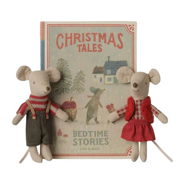 Maileg Christmas Twin Mice, Little Sister and Brother in Book
