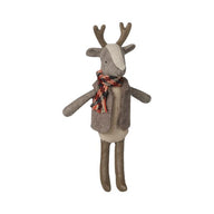 Maileg Reindeer Father soft toy wearing vest and striped scarf