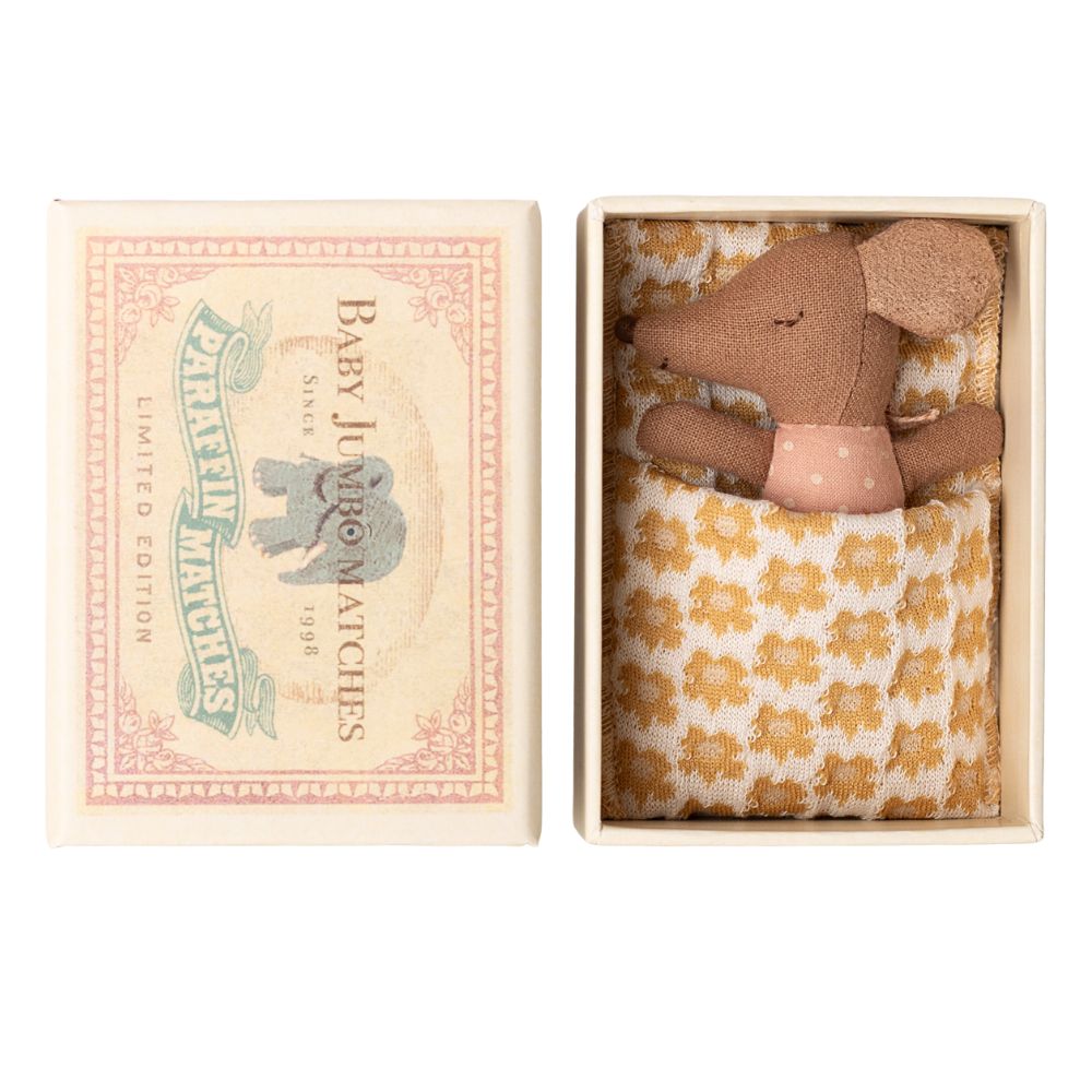 Maileg Baby Girl Mouse, Sleepy/Wakey In A Matchbox