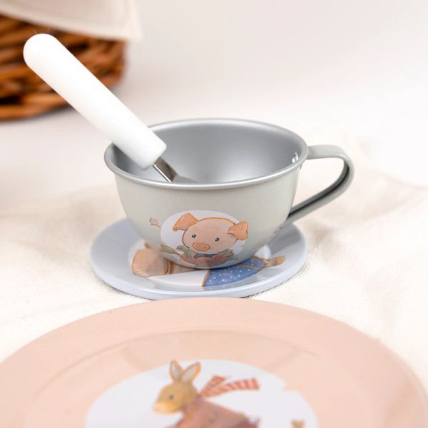 Tin Tea Set In A Wicker Basket - Gifts For Kids 3 Yrs+