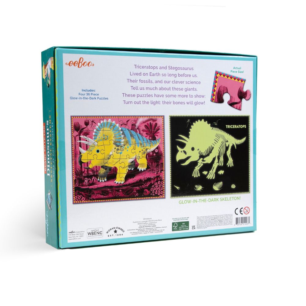 Eeboo Dinosaurs Ready to Learn 36 Piece 4 Puzzle Set - Glow In The Dark